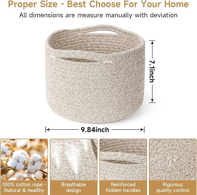 Small Rope Baskets for Storage, Baskets for Gifts Empty, Cute Round Woven Basket, Decorative Shelf Baskets 9.82×9.82×7.1", Cotton Toy Basket Storage Bins for Organizer 3 Packs-Brown