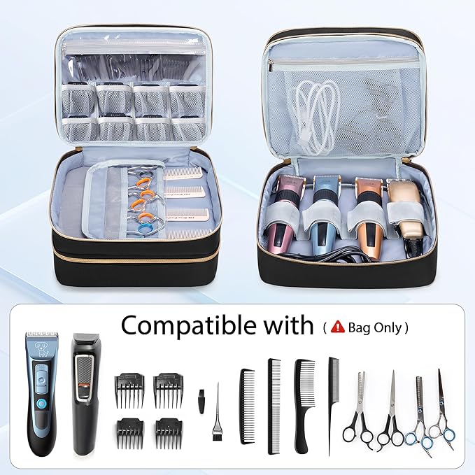 CURMIO Double Layer Hair Clipper Travel Carrying Case, Barber Supplies Organizer Storage Bag Compatible with Ufree/Wahl/Andis/Hatteker/Osterpro and Most Standard Hair Trimmer, Men Grooming Kit