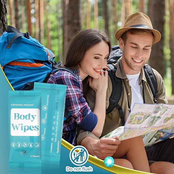 300 Pcs 60 Pack Body Wipes for Adults Bathing No Rinse Individually Wrapped Shower Wipes Washcloth with Aloe Cleansing Body Wash Cloths Disposable Bulk Deodorant Homeless(Blue Background)
