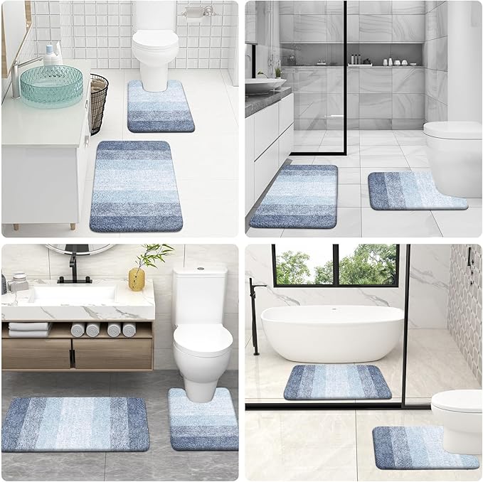 OLANLY Bathroom Rugs Sets 3 Piece, Soft Absorbent Microfiber Bath Mats and U-Shaped Contour Toilet Rug, Plush Shaggy Bath Mat Set for Bathroom (36"x24"+24"x16"+24"x20", Blue)