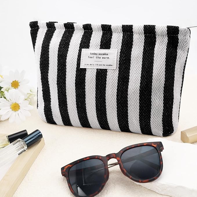 ZLFSRQ Striped Makeup Bag Large Canvas Travel Makeup Bag for Women Cosmetic Pouch Cute Black Striped Make Up Pouch for Purse Y2k Aesthetic Trendy Zippered Toiletry Bags Gift Skincare Storage Organizer