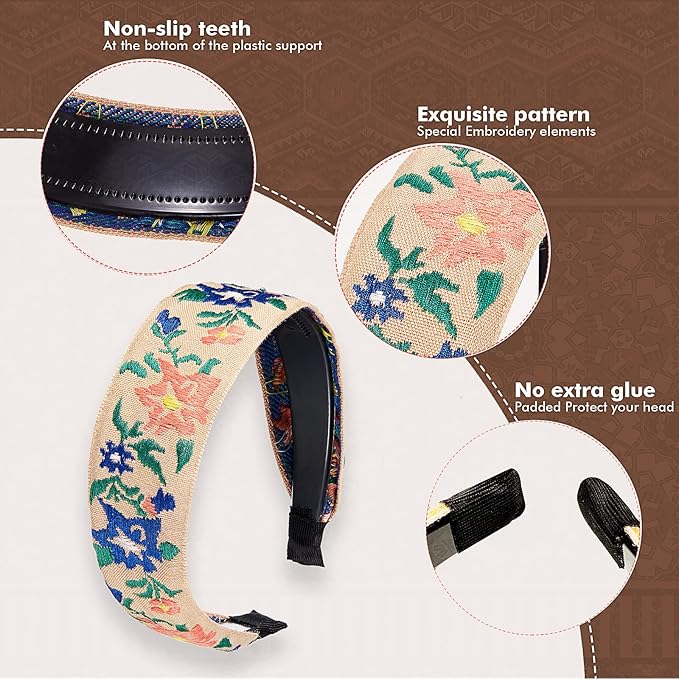 EBOOT 4 Pieces Boho Headband for Women Embroidery Wide Hair Band Bohemia Floral Knotted Wide Headbands Vintage Ethnic Style Girls Accessories(Delicate Pattern)