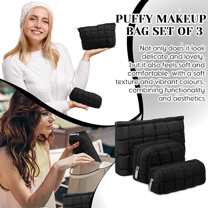 3 Pcs Puffy Makeup Bag Quilted Cosmetic Pouch for Women Cute Checkered Travel Toiletry Bag Puffer Makeup Organizer Purse Pouch Preppy Pencil Case with Zipper(Black)