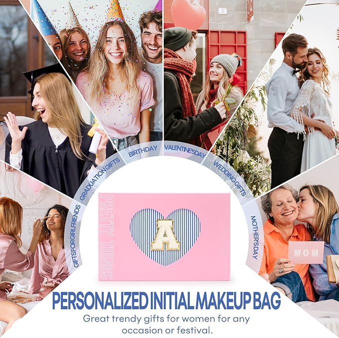 2 PCS Initial Makeup Bags for Women: Cosmetic Bag for Travel Toiletry - Birthday Gifts for 11 12 13 14 15 16 17 18 Years Old Girl Graduation Teacher Gift- Teen Girl Gifts Trendy Stuff - Blue T