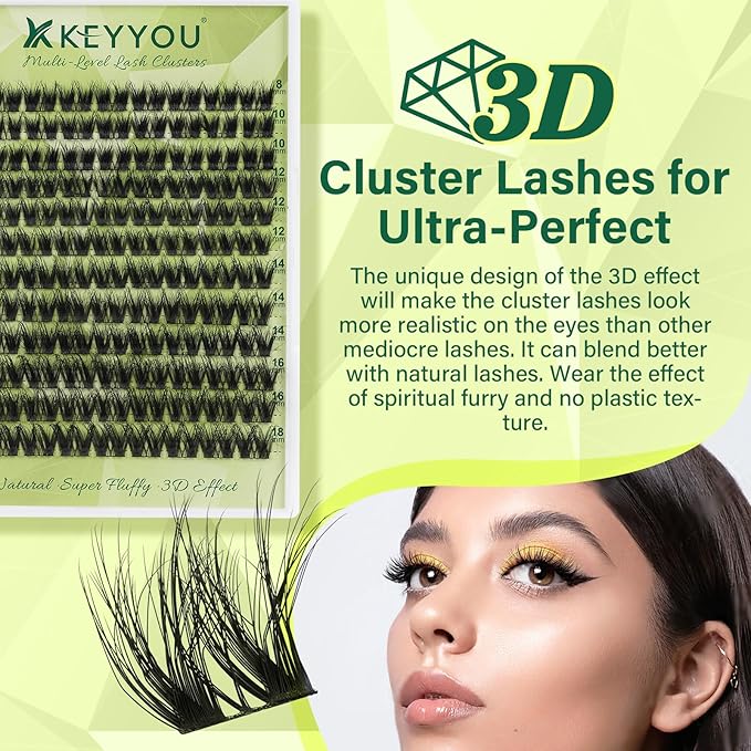 KEYYOU Lash Clusters 3D Effect Eyelash Clusters 108pcs D Curl PuffSilk V3D05 Wispy Lashes Cluster Lashes Natural Soft DIY Lash Extension at Home(PuffSilk V3D05-D-8-18MIX)