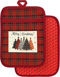 Slohif Silcone Christmas Pot Holders for Kitchen - 100% Cotton Red Cute Oven Potholders with Pockets, Heat Resistant Square Thick Hot Pads, House New Home Baking Baker Gifts,2pack