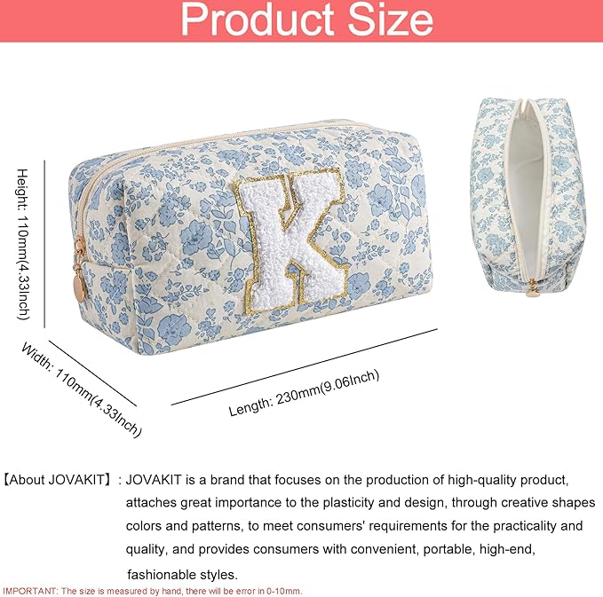 JOVAKIT Alphabet Makeup Bag Cosmetic Bag for Women, Christmas Gifts for Girls Age 6-18, Floral Flowers Coquette Travel Toiletry Zipper Make Up Pouch Organizer Trendy Stuff (Blue Floral K)