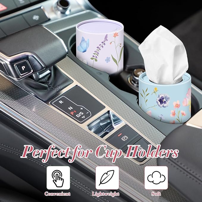 Outus 12 Pcs Floral Car Tissue Holder Cylinders with 3 Ply Facial Tissue Bulk, Portable Paper Dispenser for Cup Holder, Travel Bathroom Table Decor, Tissues Boxes Container for Home Office Party