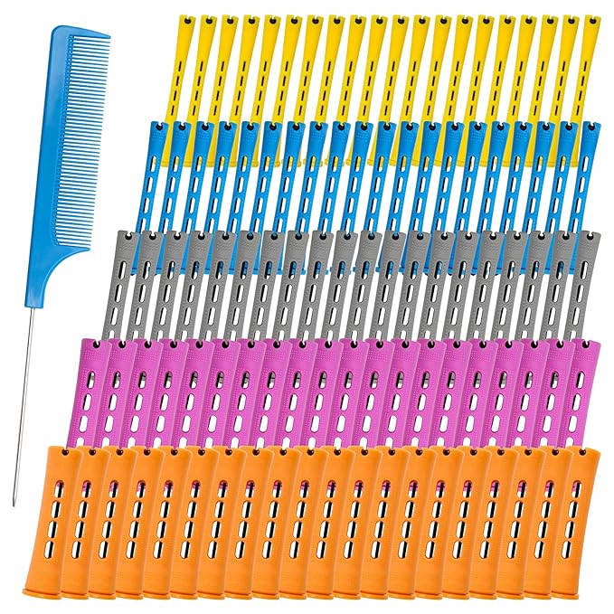 100 Pieces Nature Hair Curlers for Short Hair - Cold Wave Rollers with Elastic Bands, 5 Sizes for Curl Styling with Plastic Brush Combo