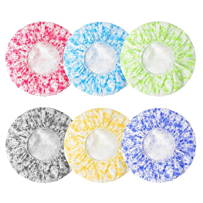 6 PCS Shower Caps for Women, Double Side Waterproof Shower Cap, Reusable Elastic Bath Caps for Shower, EVA Bathing Shower Caps, Bath Hair Caps - Plum Blossom