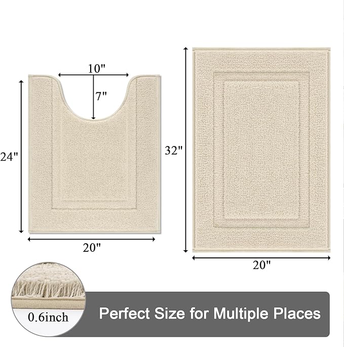 SHACOS Soft Absorbent Bathroom Rugs Set of 2 Pieces with U Shaped Toilet Rug Contour Bath Mats Bath Rugs 20"x24"+20"x32" Non Slip Washable, Light Beige