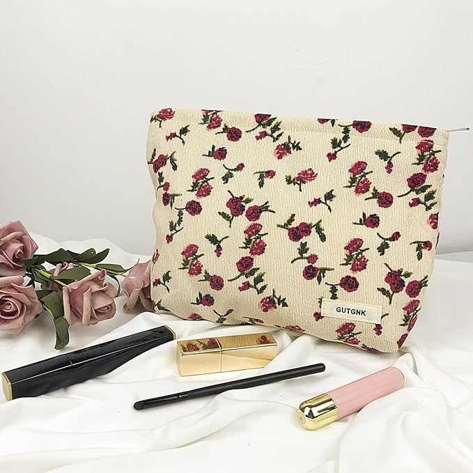 GUTGNK Corduroy Ladies Cosmetic Bag, Large Capacity Canvas Cosmetic Bag Travel Toiletry Bag Accessories Organizer, White Rose