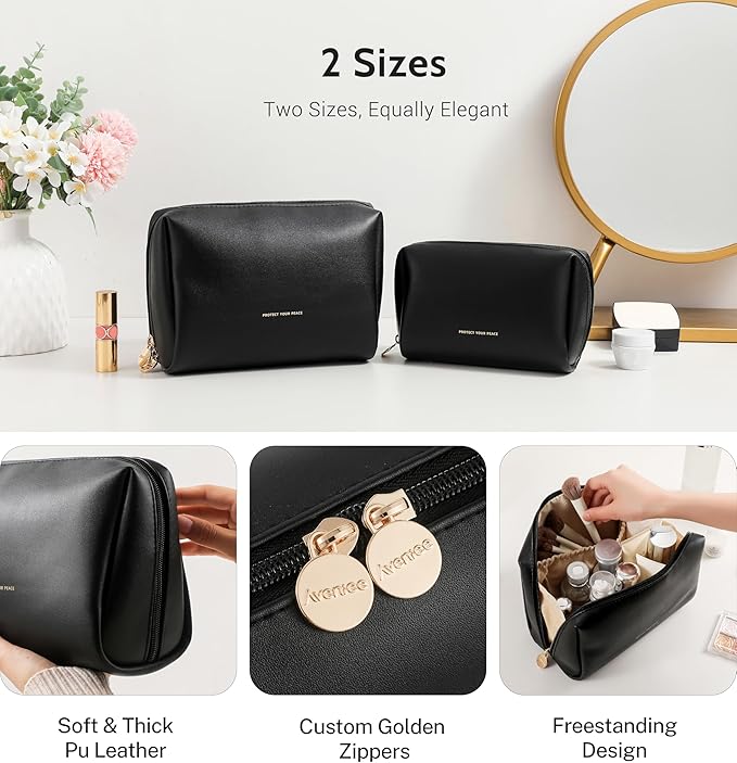 Aveniee Travel Makeup Bag, Large Toiletry Bag for Women, Vegan Leather Travel Pouches Case, Make Up Bag for Travel Essentials Brushes, Cosmetic Bag Purse Organizer with Divider and Gold Zippers-Black