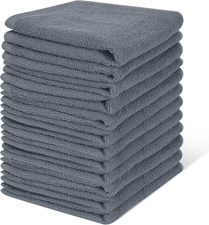 12 Pack 100% Cotton Wash Cloth, 12x12 Inch Highly Absorbent and Soft Feel Fingertip Towels, Machine Washable Washcloths for Bathroom, Gym, Hotel, Spa and Kitchen, Grey