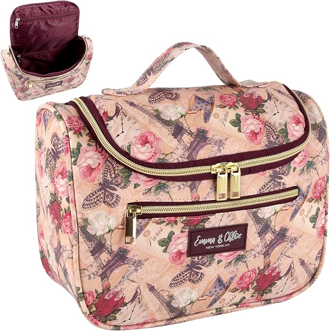 Emma & Chloe Large Cosmetic Case Makeup Organizer, Toiletry Bag for Women | 4 Section Waterproof Travel Make Up Organizing Bags (Pretty in Paris)