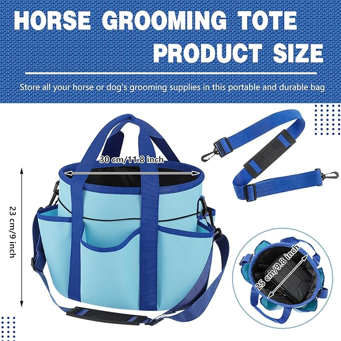 Abbylike Grooming Tote Bag for Horses and Dogs Organize Tack Tools Equestrian Grooming Kit Care Portable with Multiple Pockets for Supplies(Stylish,10.63 x 10.63 x 9.45 Inch,Blue)