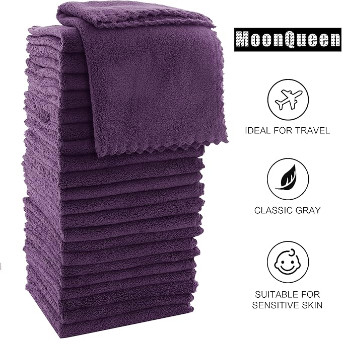 MOONQUEEN Ultra Soft Premium Washcloths Set - 12 x 12 inches - 24 Pack - Quick Drying - Highly Absorbent Coral Velvet Bathroom Wash Clothes - Use as Bath, Spa, Facial, Fingertip Towel (Plum)