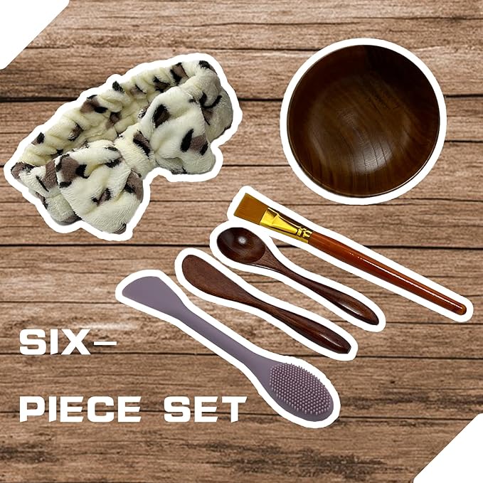 Wood Mask Mixing Bowls 6 Pack,Makeup Facial Skin Care Products for Clay Mask,Home DIY Beauty Personal Care Spa Tools Kit Cosmetic Bowl,Spatula,Spoon,Brush,Silicone Applicator,Headband