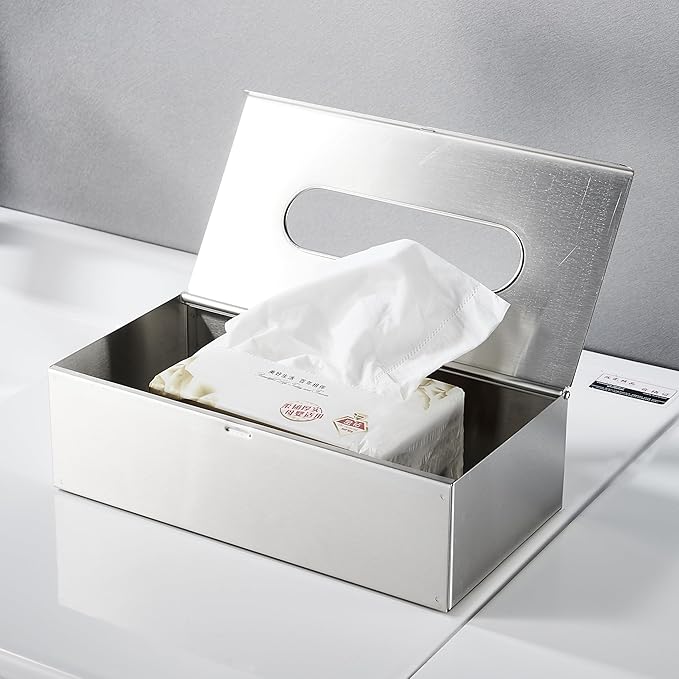 JunSun Rectangular Tissue Box Cover - Napkin Holder, Facial Tissue Storage Box - Decorative Holder for Bathroom, Bedroom, Nightstand, Office - Stainless Steel, Brushed Nickel