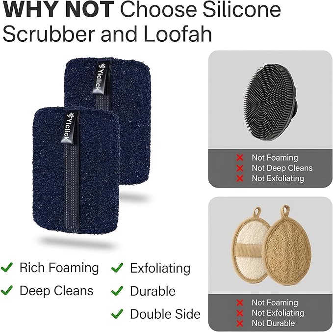 Yiclick Exfoliating Body Scrubber (2 Pack), Body Exfoliator Scrubber, Exfoliating Sponge for Shower Bath, Shower Loofah Luffa Lufa with Handle for Men Women, Dead Skin Exfoliator for Body Scrub
