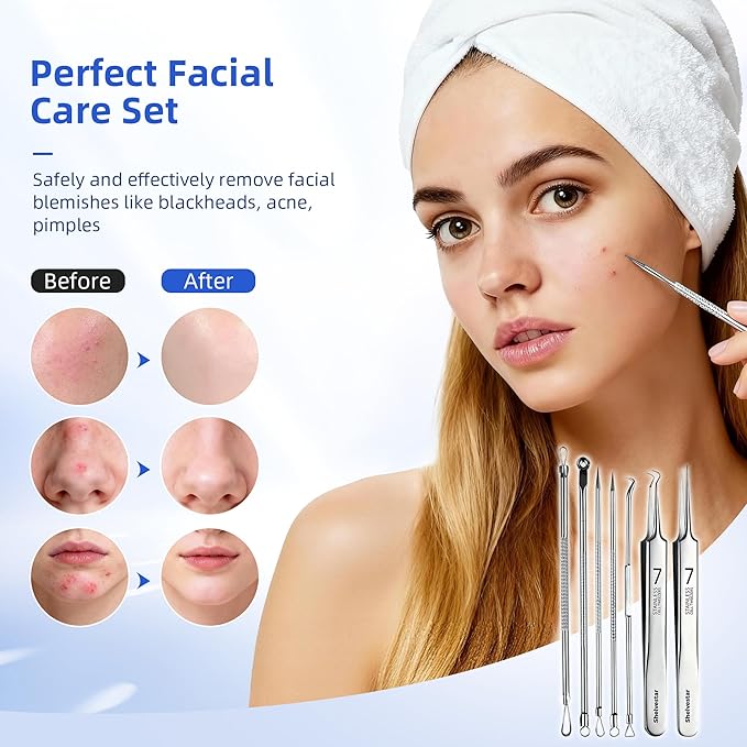Pimple Popper Tool Kit, 7 PCS Professional Stainless Steel Blackhead Remover Comedone Extractor Tools for Removing Zit on Face - Silver