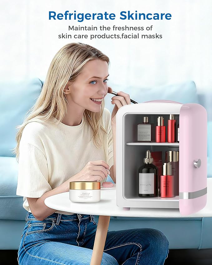 Mini Fridge for Bedroom, 4L/6 Cans Small Cosmetic Fridge for Skincare, Makeup, Medicine & Beverage, Portable Desk Fridge Cooler and Warmer for Kids, Car, Office, Dorm, Pink