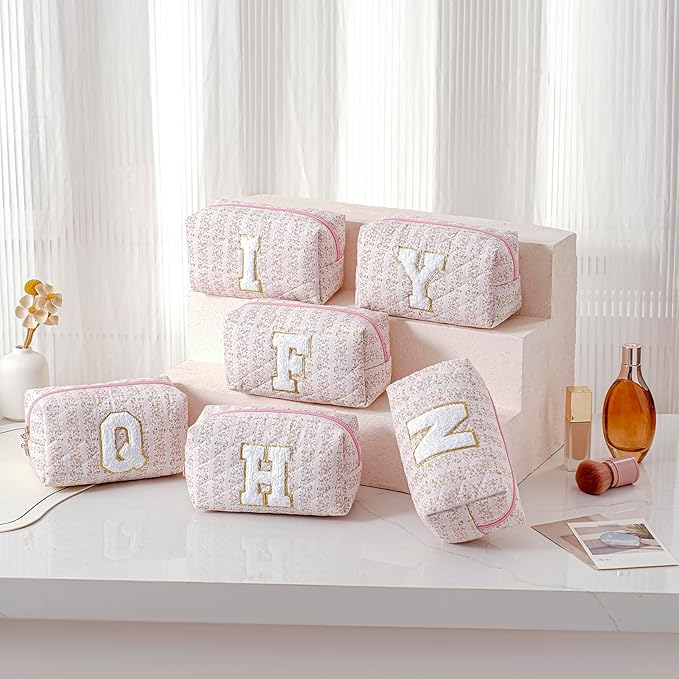 JOVAKIT Alphabet Makeup Bag Cosmetic Bag for Women, Christmas Gifts for Girls Age 6-18, Floral Flowers Coquette Travel Toiletry Zipper Make Up Pouch Organizer Trendy Stuff (Pink Floral C)