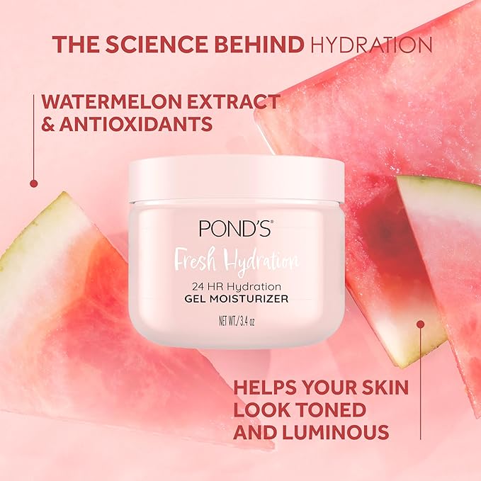 POND'S Fresh Hydration Gel Moisturizer – 24 HR Hydration with Watermelon Extract & Antioxidants – Alcohol & Oil-Free Face Moisturizer-– Dermatologist Tested,3.4 oz,(Pack of 2)