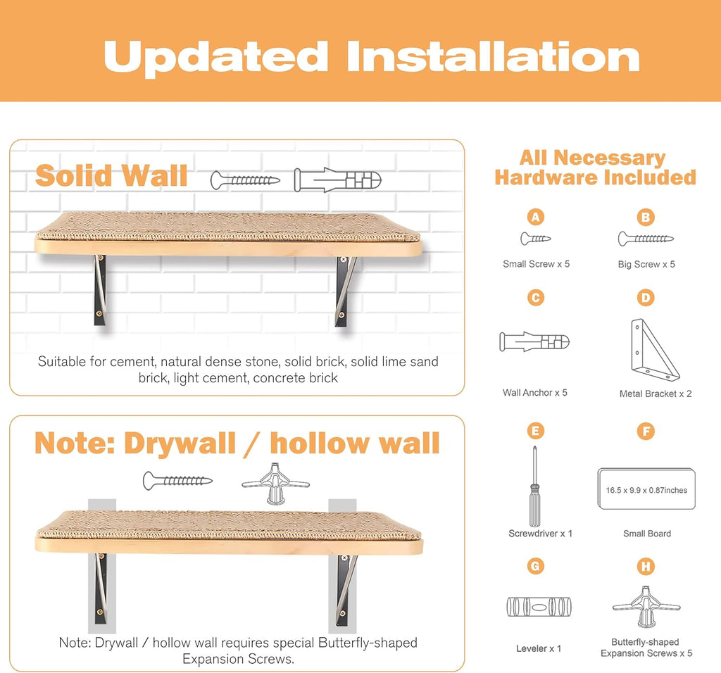 Cat Floating Wall Shelf with Scratching Mat, 1PC 9.7X16.6 Inch Large 1 Inch Thick Wood Cat Window Perches Hanging Shelves Wall Mounted Beds for Sleeping, Playing, Climbing, Support to 30 LBS