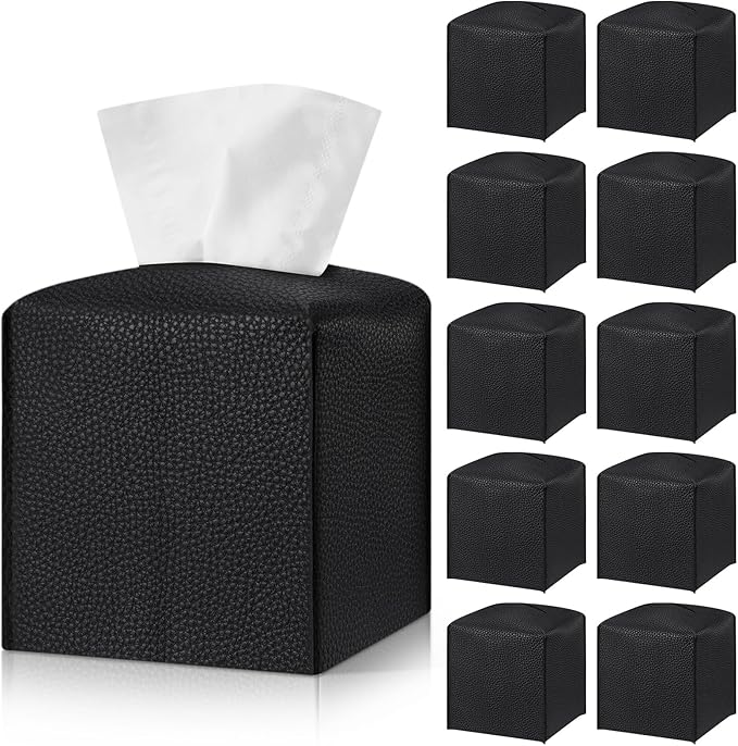 Honeydak 10 Pcs Tissue Box Cover Square Modern PU Leather Tissue Box Holder Decorative Organizer Container for Bathroom Vanity Countertop, Night Stands, Office Desk Car Supply 5.3"x5.3"x5.3"(Black)