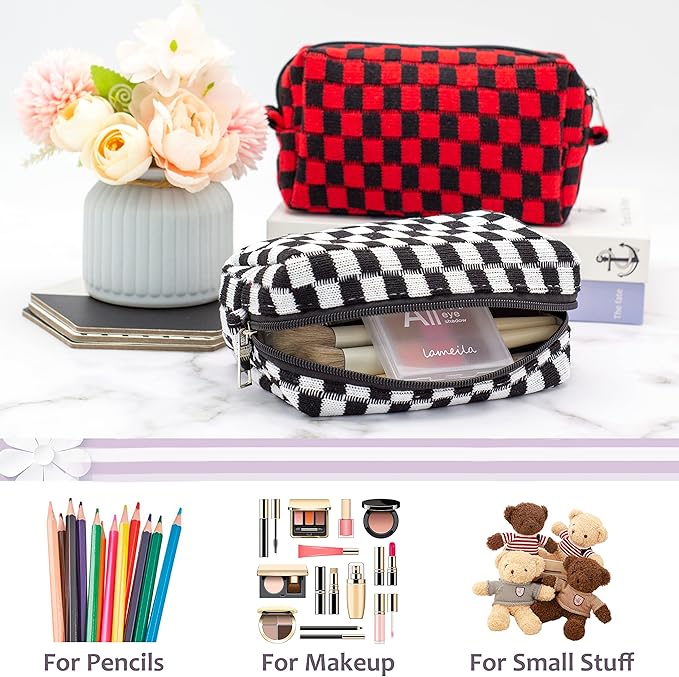 PAZIMIIK Checkered Makeup Bag for Purse Portable Zipper Make Up Pouch Small Cosmetic Case for Travel Accessories (6PCS Black)