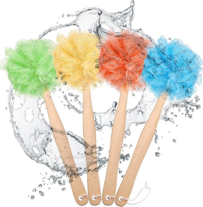 4 Pieces Loofah Back Scrubber Bath Sponge with Wooden Handle Long Handle Sponge Mesh on a Stick for Shower Exfoliating Bath Body Brush Luffa Back Brush for Women Men (Blue, Orange, Yellow, Green)