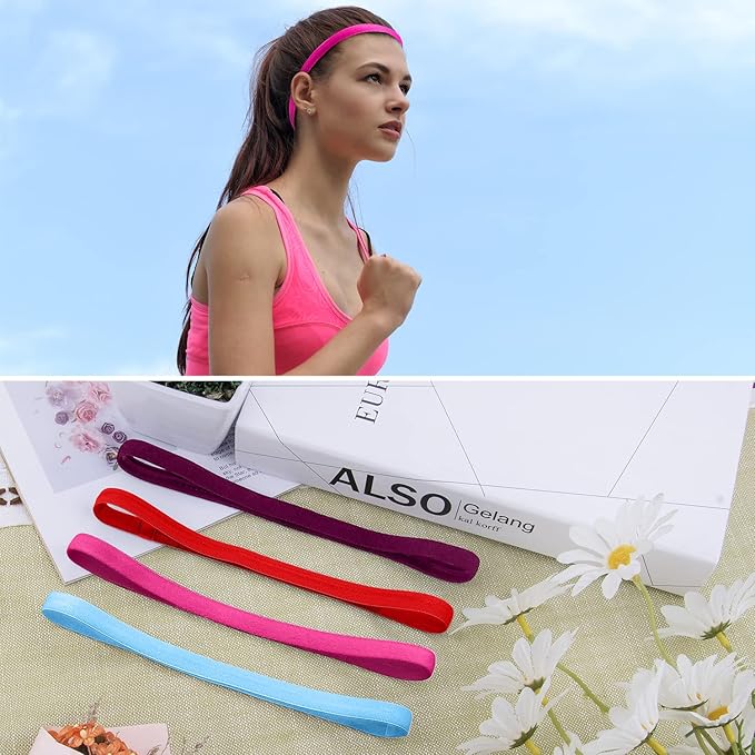 Duufin 20 Pieces Elastic Sport Headbands Non Slip Grip Elastic Headband Thin Colorful Workout Headbands for Women Men and Girls, 20 Colors