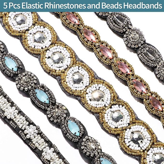 Teenitor 5pcs Hairbands for Women, 5 Rhinestone Beaded Headbands, Head Bands for Women's Hair Fashionable Handmade Crystal Beaded Elastic hairbands, 20-26.8"(51-68cm), 1 Count (Pack of 5), HAIRBAND