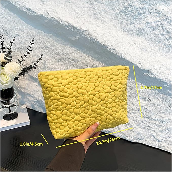 Puffy Quilted Makeup Bag for Women, Cosmetic Bag, Travel Toiletry Organizer Pouch Clutch (Yellow Flowers)