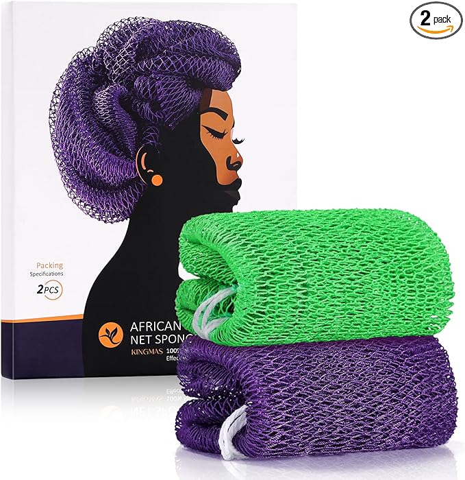 KINGMAS African Net Sponge, Authentic Nylon with Knots, 2 Pieces Exfoliating Body Scrubber Bath Sponge, Back Scrubber Washcloth for Shower, Body Care Bathing (Purple & Green)