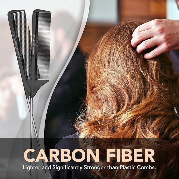 Professional 8.8 Inch Tail Comb (2 Pack) - Black Carbon Fiber And Stainless Steel Tail Comb - Anti Static And Heat Resistant - Lightweight For All Hair Types By Bardeau Essentials