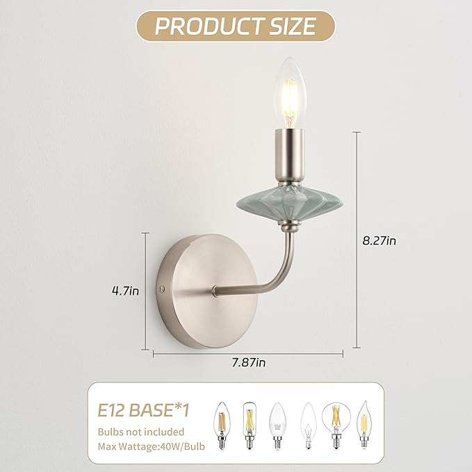 Modern Retro Wall sconces Set of Two with Green Ceramic Flower Decoration,Brushed Nickel Wall Lights, Hardwired Vintage Vanity Light for Bathroom, Living Room, Bedroom, and hallways.