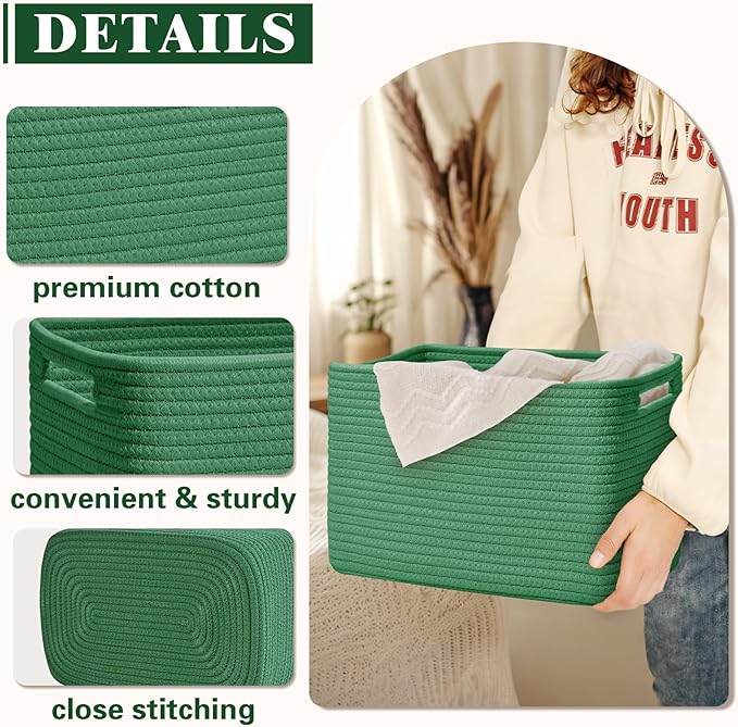 Storage Baskets for Organizing, 4 Pack Baskets for Shelves, Decorative Storage Bins for Shelves, Cotton Rope Storage Basket with Handles, Woven Basket for Storage, 13''Lx8.7''Wx7.9''H, Green