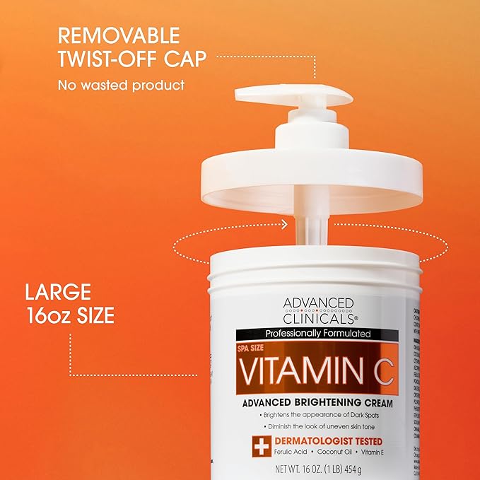 Advanced Clinicals Brightening Vitamin C Body Cream Lotion + Vitamin C & Caffeine Eye Cream Face Moisturizer Skin Care Set For Women, Men, & Dark Spots, 2pc Bundle