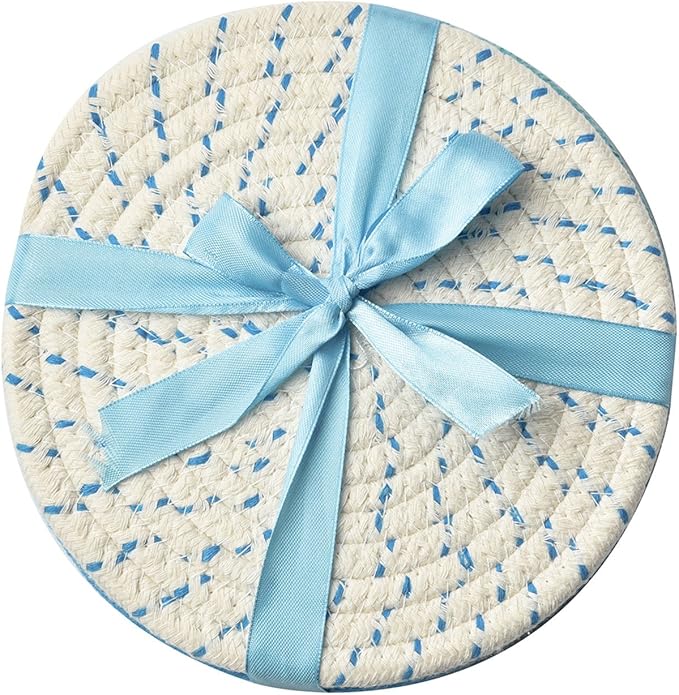 Kitchen Pot Holders Set Trivets Set 100% Pure Cotton Thread Weave Hot Pot Holders Set (Set of 3) Stylish Coasters, Hot Pads, Hot Mats, Spoon Rest for Cooking and Baking by Diameter 7 Inches (Blue)