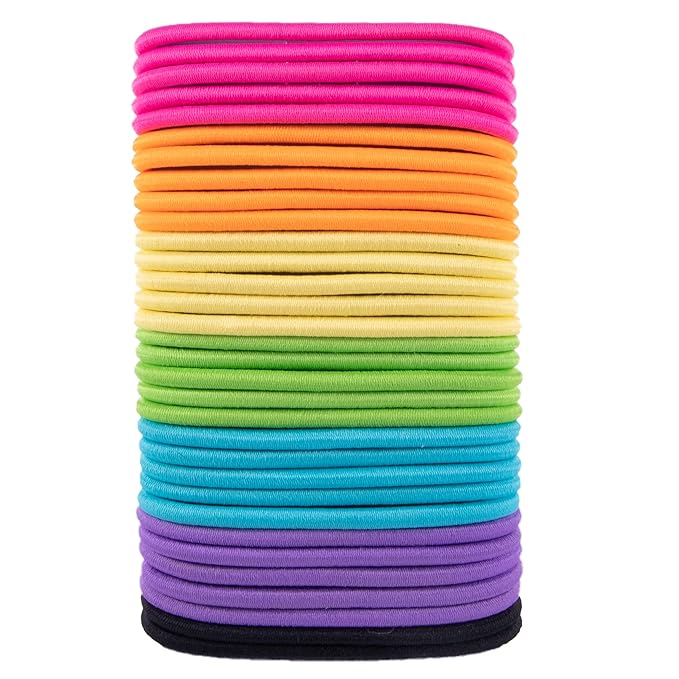 Amazon Basics No Damage Elastic Hair Ties, Ponytail Holders for Thick Hair, No Pull, Secure Hold, Snag-Free, Bright 4 MM Elastics for All Types, 32 Count