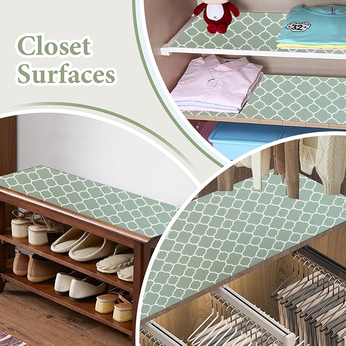 Shelf Liners for Kitchen Cabinets Non Adhesive Drawer Liner 23.6in x 30FT Light Green Quatrefoil Thickened Shelf Liner Strong Non-Slip Easy to Clean Tool Box Refrigerator with Knife and Tape Measure