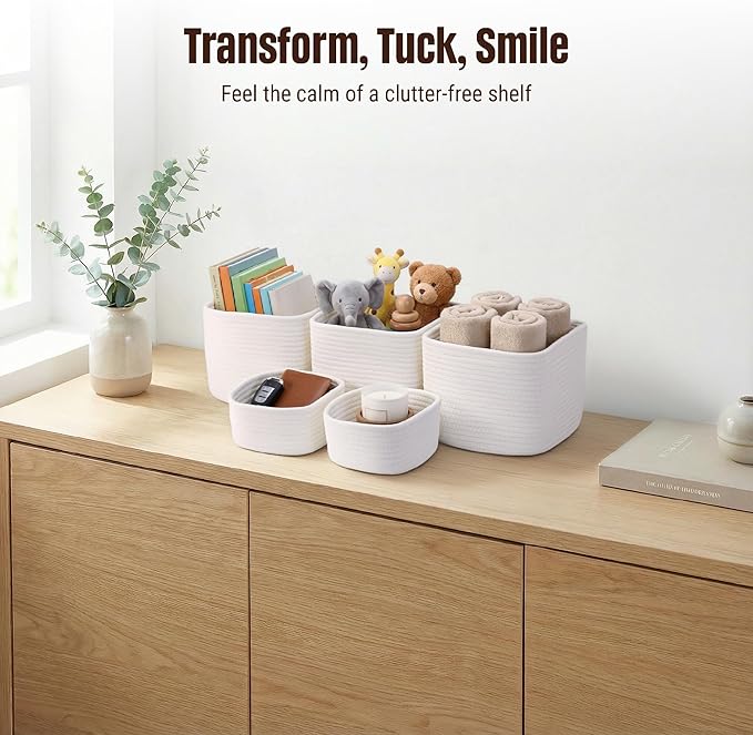5-Pack Storage Cubes Woven Rope Baskets - 2 Sizes Organizer Bins for Closet, Shelf, Bookshelf, Nursery, Changing Table, Cube Storage Bins, Storage Baskets for Bathroom Toy & Home