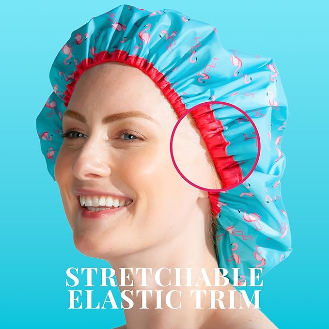 Reusable Shower & Bath Cap & Lined, Oversized Waterproof Shower Caps Large Designed for all Hair Lengths with PEVA Lining & Elastic Band Stretch Hem Hair Hat - Fashionista Flamingo Party