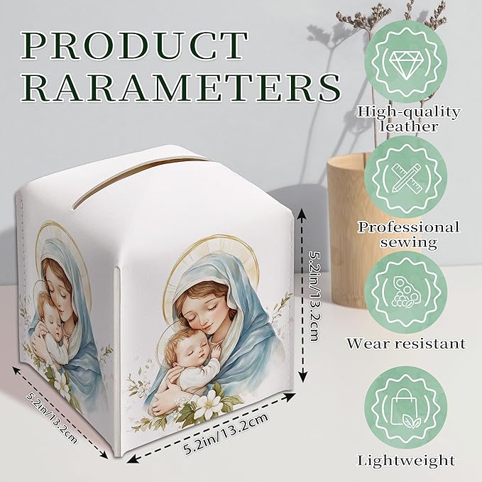 Holy Infant & Virgin Mary Square Tissue Box Cover, PU Leather Drawstring Bottom - Jesus and Virgin Mary, for Office, Bathroom, Home, Christian & Catholic Friends | Blue Decorative Organizer