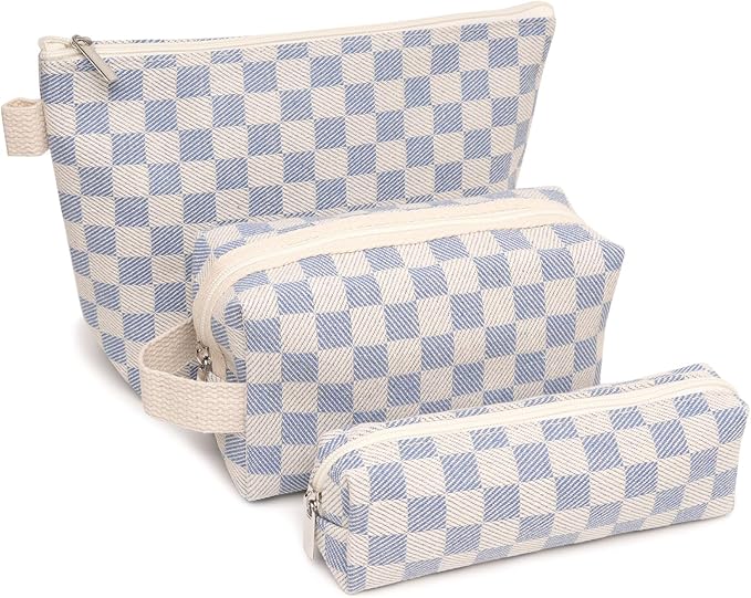 3 Pcs Canvas Makeup Bag Set Checkered Cosmetic Pouch for Women Travel Toiletry Bag Cute Makeup Organizer Purse Pouch Preppy Pencil Case with Zipper (Checkered Blue)