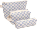 3 Pcs Canvas Makeup Bag Set Checkered Cosmetic Pouch for Women Travel Toiletry Bag Cute Makeup Organizer Purse Pouch Preppy Pencil Case with Zipper (Checkered Blue)
