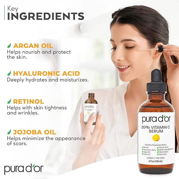 PURA D'OR 20% Vitamin C Facial Serum 4 Oz Antioxidant Blend w/Retinol, Hyaluronic Acid, Vitamin E, Ferulic Acid - Hydrating Lightweight Skincare Formula - Men Women Daily Use After Bath Oil Skin Care