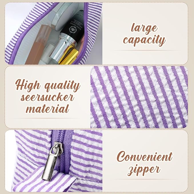 Sanwuta 6 Pcs Seersucker Cosmetic Bag Bulk Pinstripe Makeup Bag for Women Aesthetic Cute Travel Toiletry Organizer Preppy Storage Pouch for Wedding Bridesmaid Christmas Gift (Large, Classic)